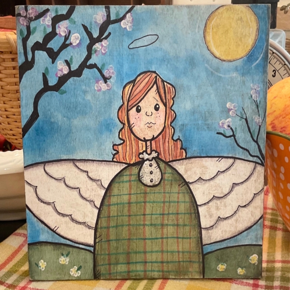 Folk Art Hand-Painted Spring Angel Wooden Sign Decor Whimsical